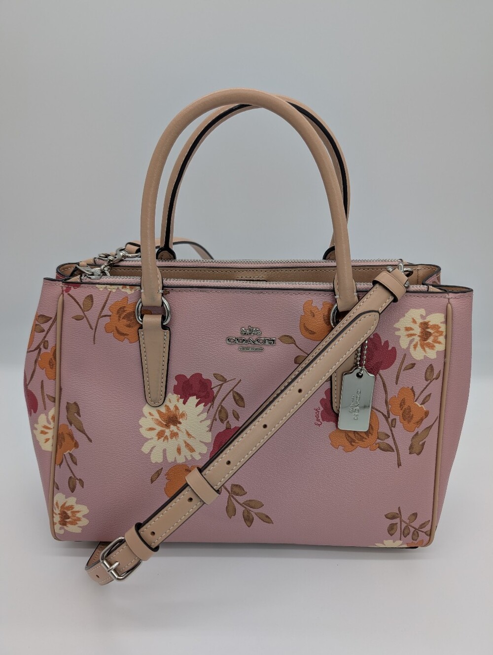 Coach Surrey Carryall Pink Peony Floral Purse Crossbody 2019 F72643 With COA - Picture 2 of 15